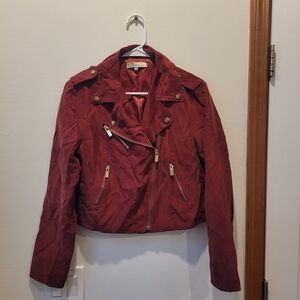 Chic Red Leather Jacket with Gold Accents